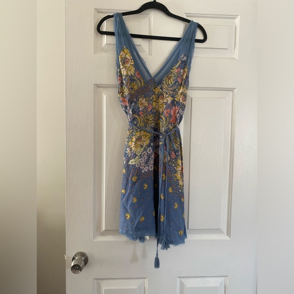 Vintage Free People Flowy Blue Floral Summer M Dress - Picture 2 of 6